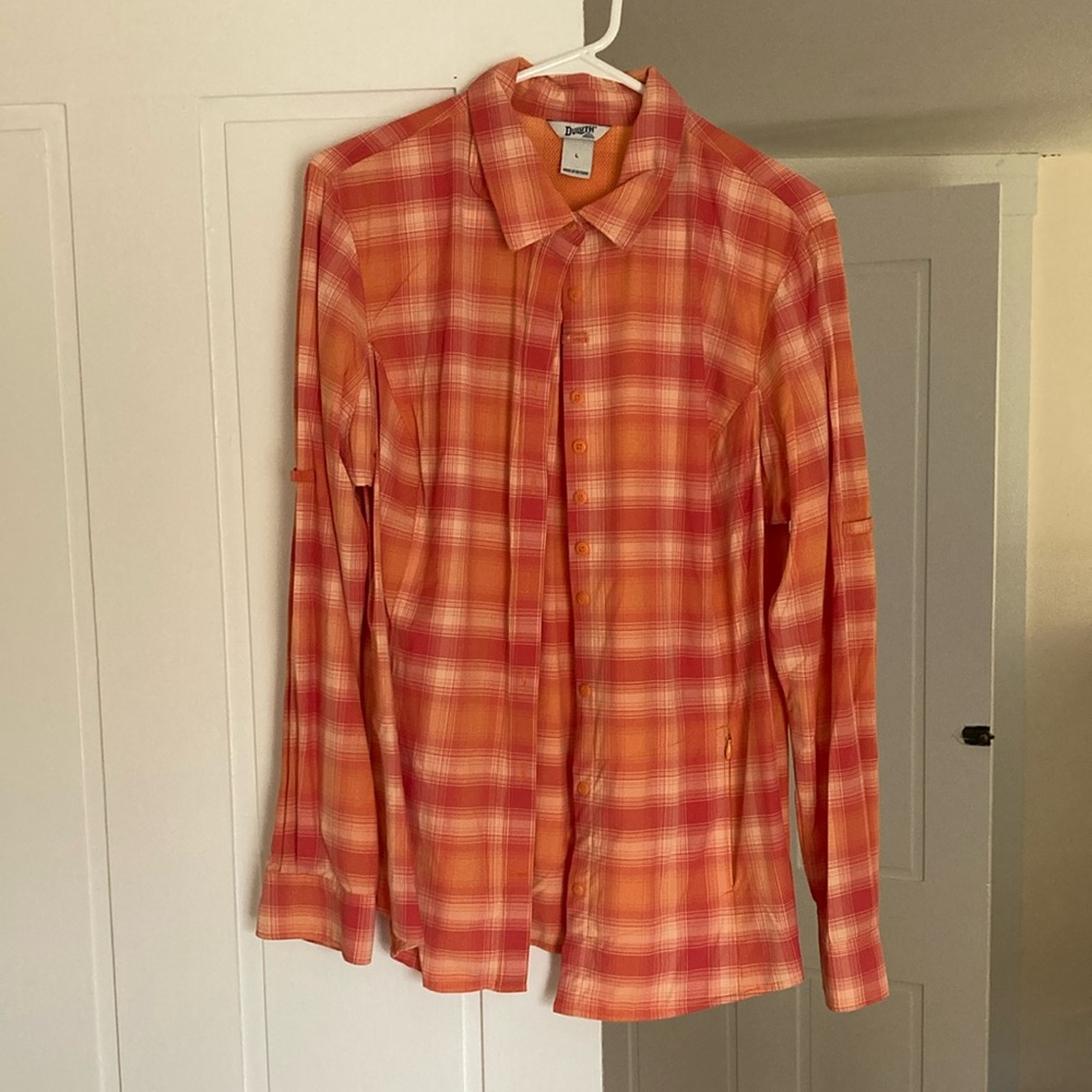 Duluth sun shirt, plaid, lightweight, long-sleeve, nylon and spandex.